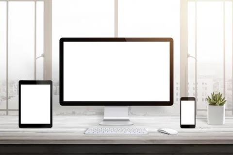 Responsive web site promotion. Isolated blank computer, tablet and smart phon Stock Photos