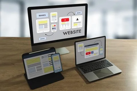 Responsive website design mockup on desktop, laptop, tablet, and smartphone.. Stock Photos