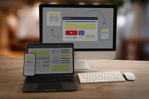 Responsive website design mockup on desktop, laptop, tablet, and smartphone.. Stock Photos