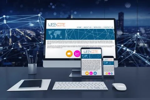 Responsive website on different devices, laptop, computer and smartphone. 3D Illustrazione stock
