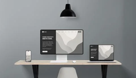 Responsive website layout shown in multiple screen formats on office desk Stock Photos