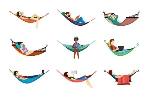 Rest and sleep on hammocks set. Relaxing people look laptop and read at Stock Illustration