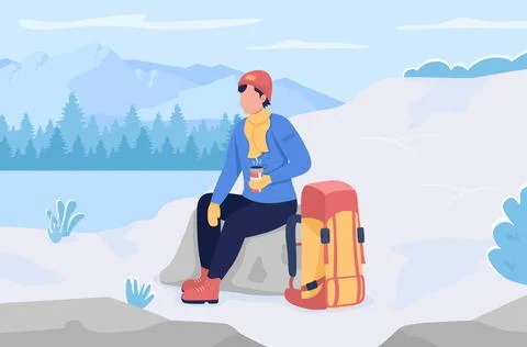 Rest during winter hiking flat color vector illustration Stockillustratie