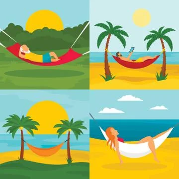 Rest hammock banner set, flat style Stock Illustration