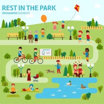 Rest in the park infographic elements flat vector design. People spend time 스톡 일러스트
