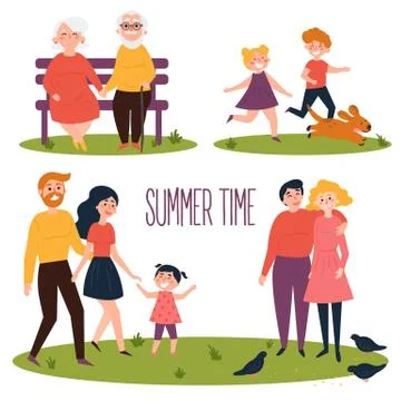 Rest in the park at the summer time. flat vector Ilustración de archivo