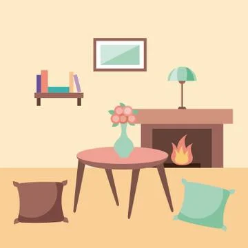 Rest room with pillows table bookshelf lamp chimney Stock Illustration