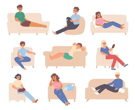 Rest on sofa and chairs. Men relaxing on couch, young people resting, sleeping イラスト素材