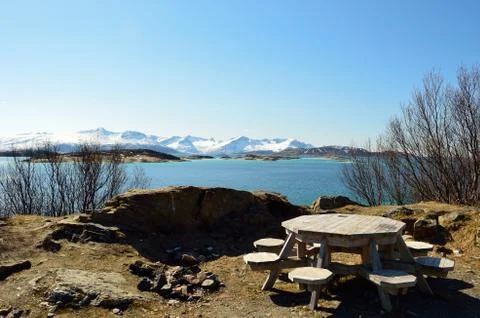Rest stop bench and table with a view in northern norway Stock Photos