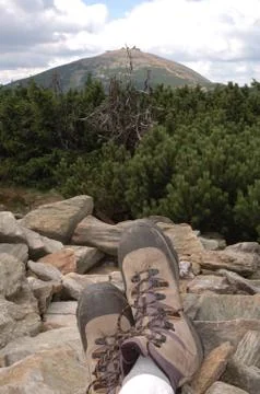 Rest on trail to Sniezka mountain in Karkonosze mountains in Poland Stock Photos