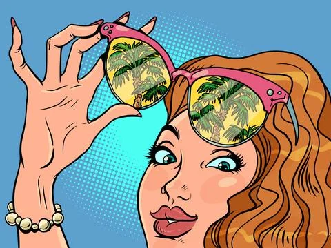 Rest on vacation, vacation. A womans hand with a manicure holds sunglasses, and Stock Illustration