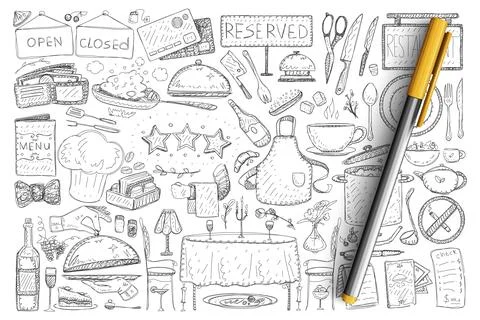 Restaurant and cafe elements doodle set. Collection of hand drawn men, tables, Ilustración de archivo