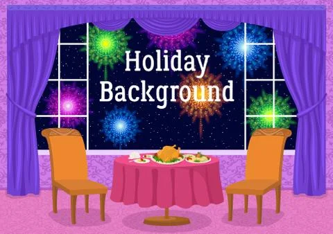 Restaurant and Fireworks in Window Stock-Illustration