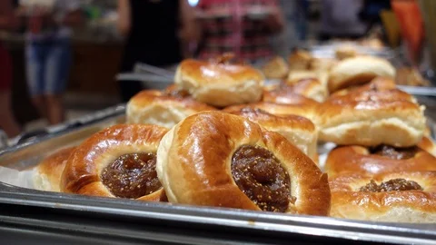 Restaurant Buffet. In the foreground buns with jam. Stock Footage 92008069