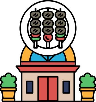 A restaurant with a building in the background Ilustración de archivo