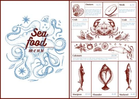 Restaurant cafe seafood menu, template design. Can be use as menu, dinner card Stock Illustration