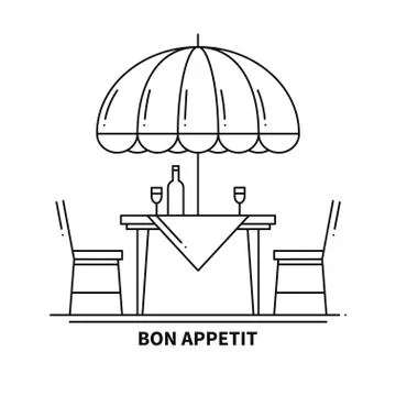 Restaurant Cafe Thin Line Icon. Table and Chair Outside. Bon Appetit. Outdoor Stock Illustration