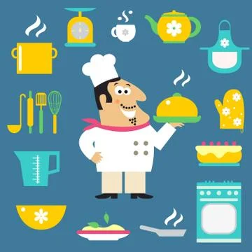 Restaurant chef and kitchen items Stock Illustration