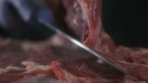 Restaurant chef cut raw meat; hands cutting, slicing delicate beef 4K Stock Footage 170832256