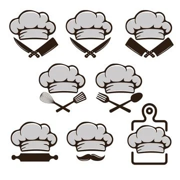 Restaurant chef hat logo icon set. chopping board, spoon, spatula, knife, c.. Stock Illustration