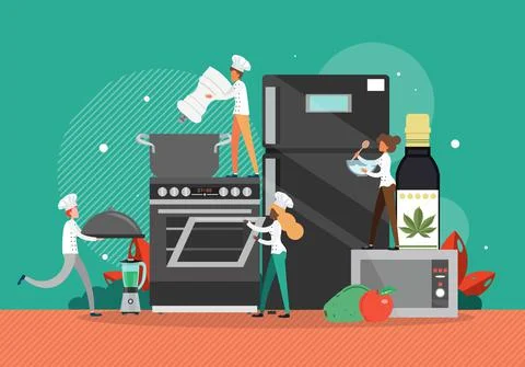 Restaurant chef in white hat cooking meal. Commercial kitchen appliances, cook Stock-Illustration