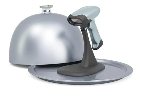Restaurant cloche with bar code reader, 3D rendering Stock Illustration