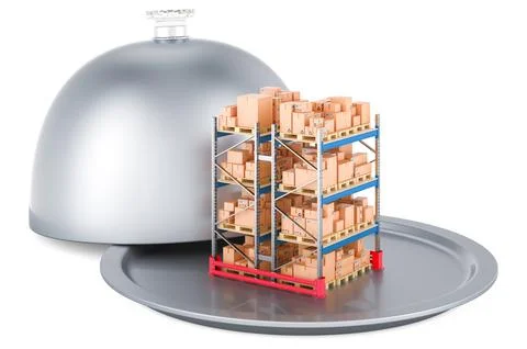 Restaurant cloche with double pallet rack full of parcels, 3D rendering Stock Illustration