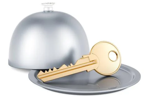 Restaurant cloche with key, 3D rendering Illustrazione stock