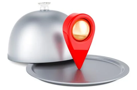 Restaurant cloche with map pointer, 3D rendering 库存插图