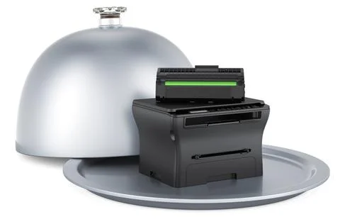 Restaurant cloche with multifunction printer MFP. 3D rendering Stock Illustration