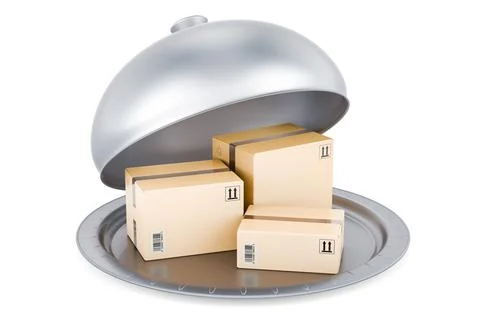Restaurant cloche with parcels, 3D rendering Stock Illustration
