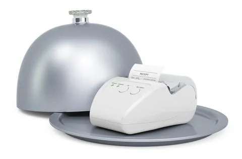 Restaurant cloche with receipt printer, 3D rendering Stock Illustration