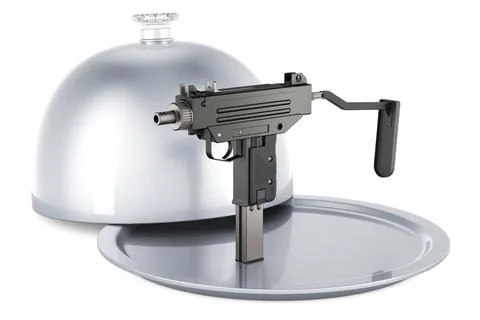 Restaurant cloche with submachine gun, 3D rendering Illustrazione stock