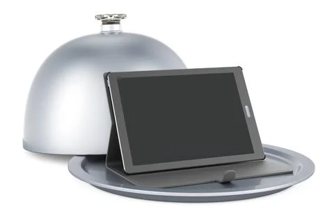 Restaurant cloche with tablet computer, 3D rendering Stock-Illustration