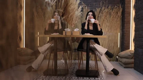 Restaurant communication, lady communicator, coffee relaxation 스톡 동영상 248951681
