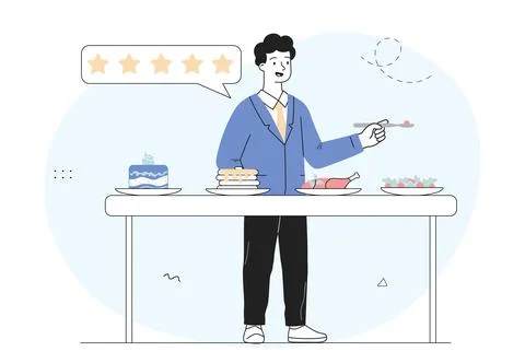 Restaurant critic man. Young guy evaluates dishes. Sommelier tries cake Illustrazione stock
