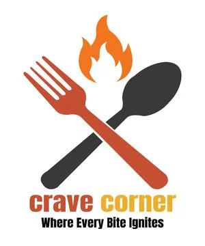 Restaurant with crossed fork and spoon, orange flame and crave corner. Stock Illustration