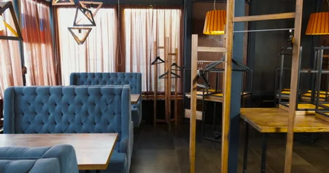 Restaurant dark interior, empty cafe with no people closed for quarantine. Stock Footage 136074766