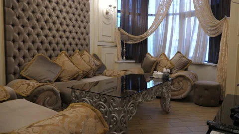 Restaurant design with decorative table and large sofas Video stock 140408801