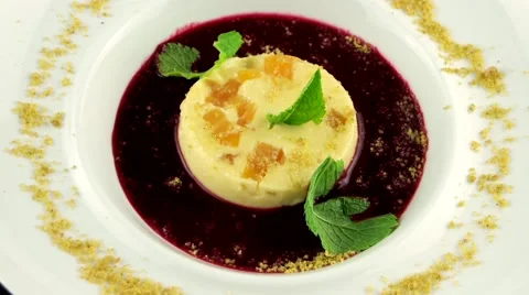 Restaurant dessert, panna cotta with raspberry sauce Stock Footage 66482471