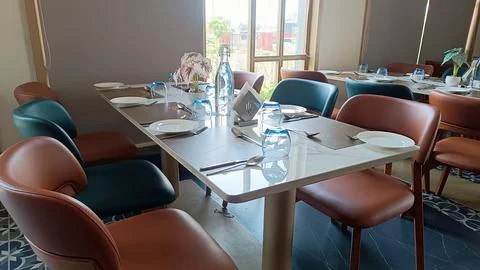 Restaurant, dining, table, interior, modern, elegant, setup, hospitality, ambian Stock Photos