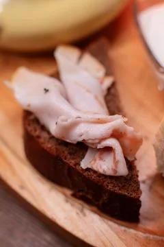 Restaurant dish borscht, delicious bread with bacon, sour cream, bun. A Stock Photos