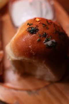 Restaurant dish borscht, delicious bread with bacon, sour cream, bun. A Stock Photos