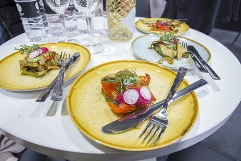 Restaurant dish from the chef. Tasting Stock Photos