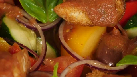 Restaurant dish - a mix of vegetables with tender meat and croutons Stock Footage 239945644