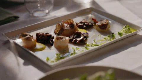 Restaurant Dish Of Sea Scallops On Rectangular White Plate. 스톡 동영상 262485052