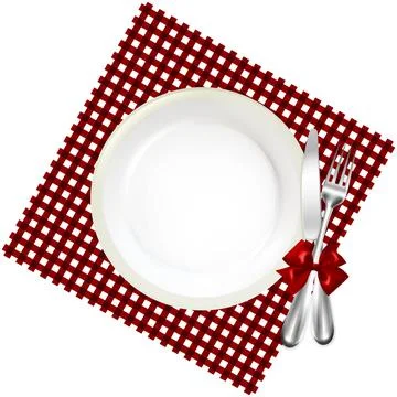 Restaurant Dishware With Fork And Knife Bow Tied On Red Gingham Cloth Stock Illustration