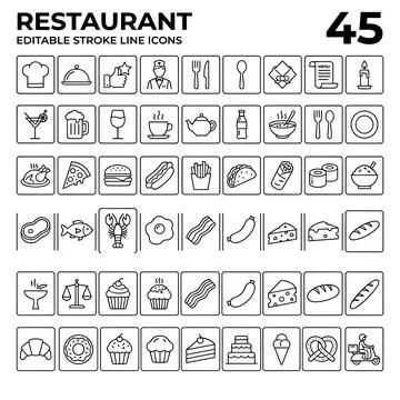 Restaurant editable stroke line icons collection featuring food, drinks, ch.. Stock Illustration
