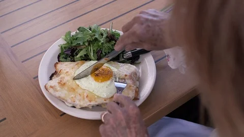 Restaurant Egg Knife Culinary Eating Breakfast Lunch Cut Chef Foodie Food Stock Footage 128647984