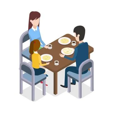At Restaurant. Familly Sitting at Dining Table Stock Illustration